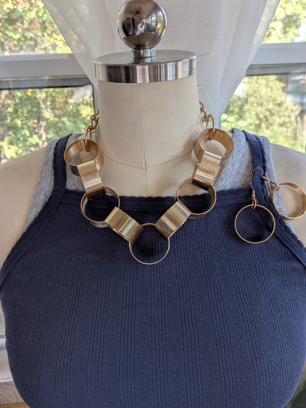 Gold Chunky Open Ring Link Statement Necklace & Earrings Set Lightweight